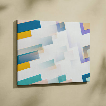 Modern abstract canvas with layered teal yellow purple rectangles and gradients