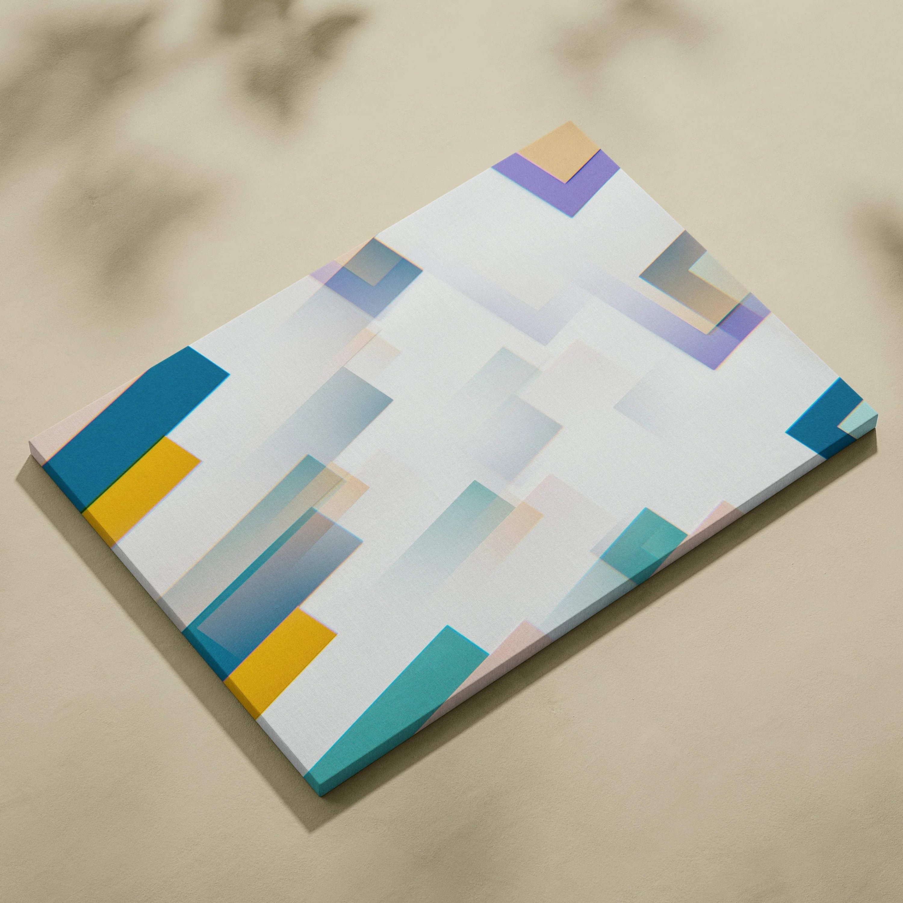Modern minimalist canvas art with layered teal yellow purple rectangles and soft gradients