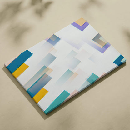 Modern minimalist canvas art with layered teal yellow purple rectangles and soft gradients