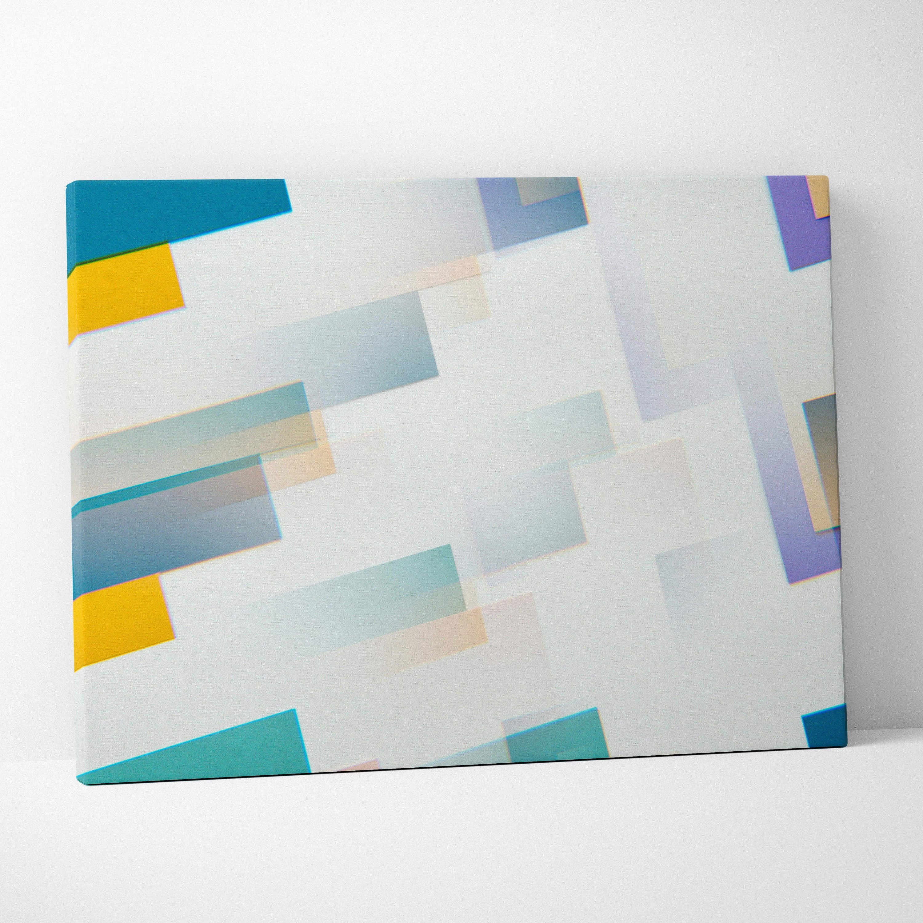 Modern abstract canvas art with layered teal yellow purple white gradients