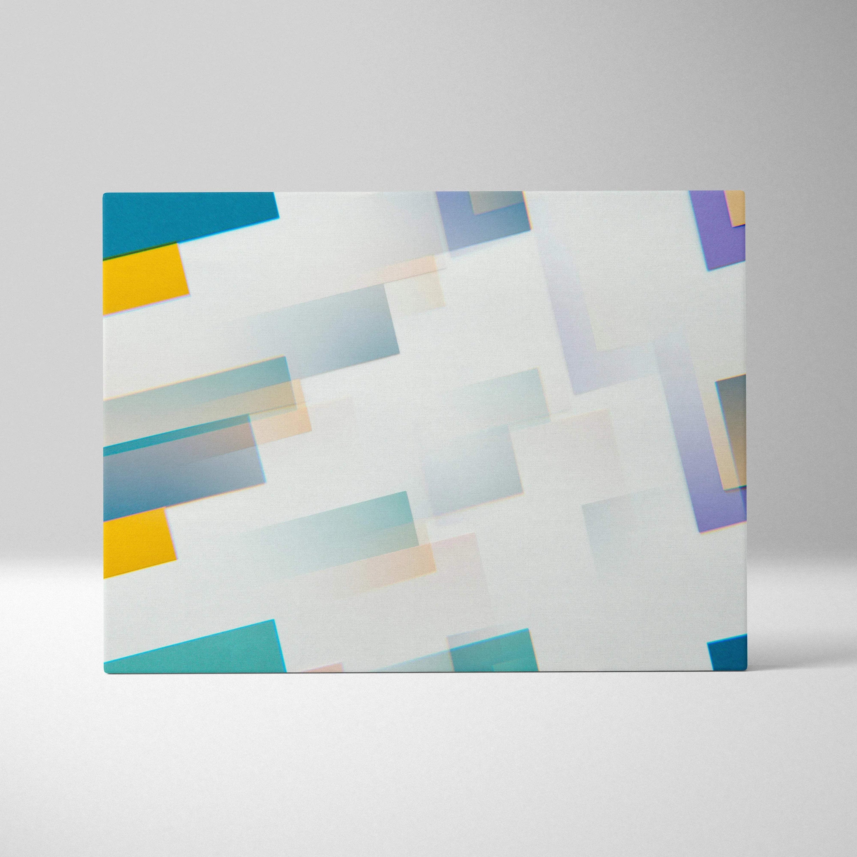 Abstract layered rectangles canvas wall art in teal yellow purple white