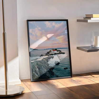 Vertical beach sunset landscape poster with vibrant sky and coastal cliffs wall art.