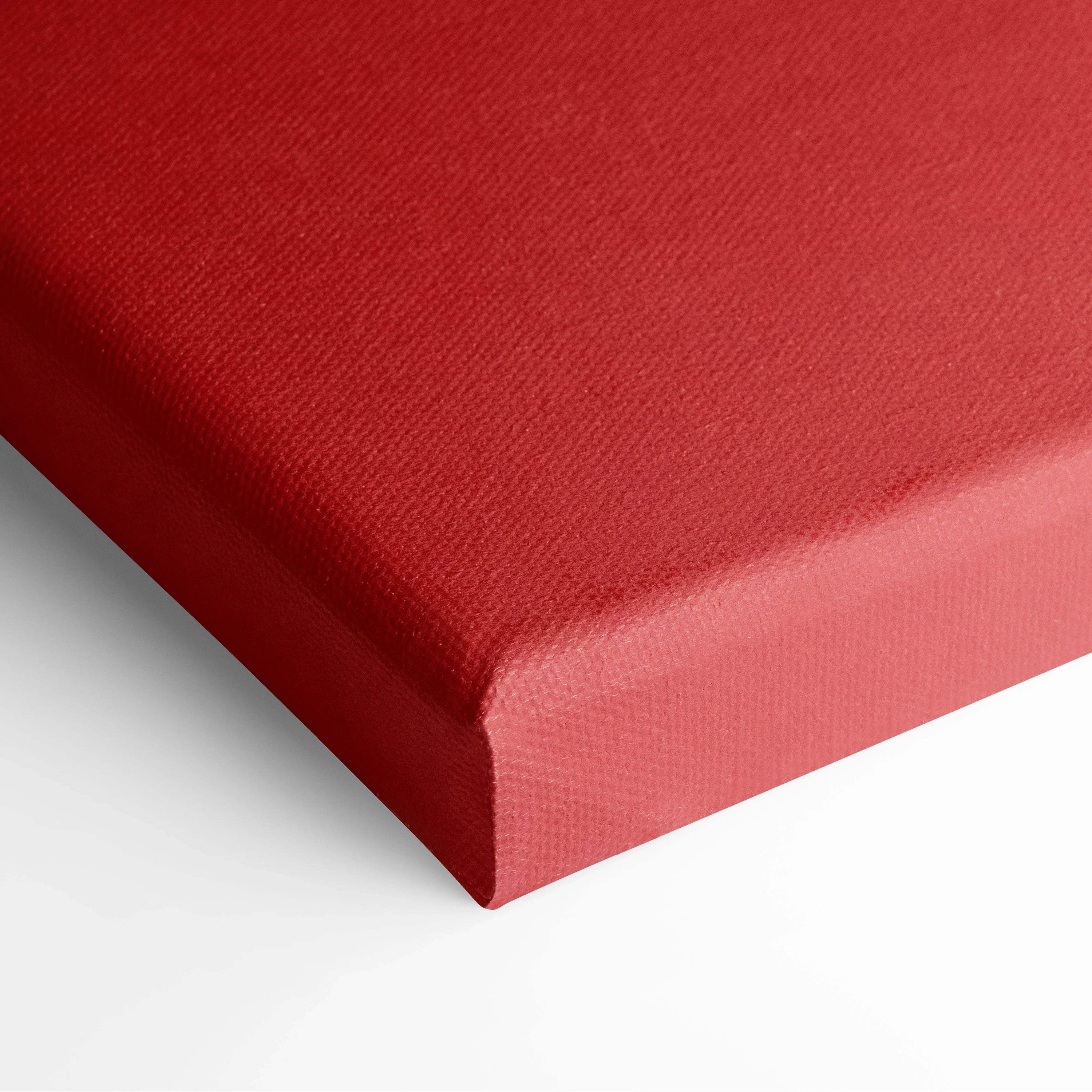 Red textured woven canvas art with bold geometric overlapping shapes
