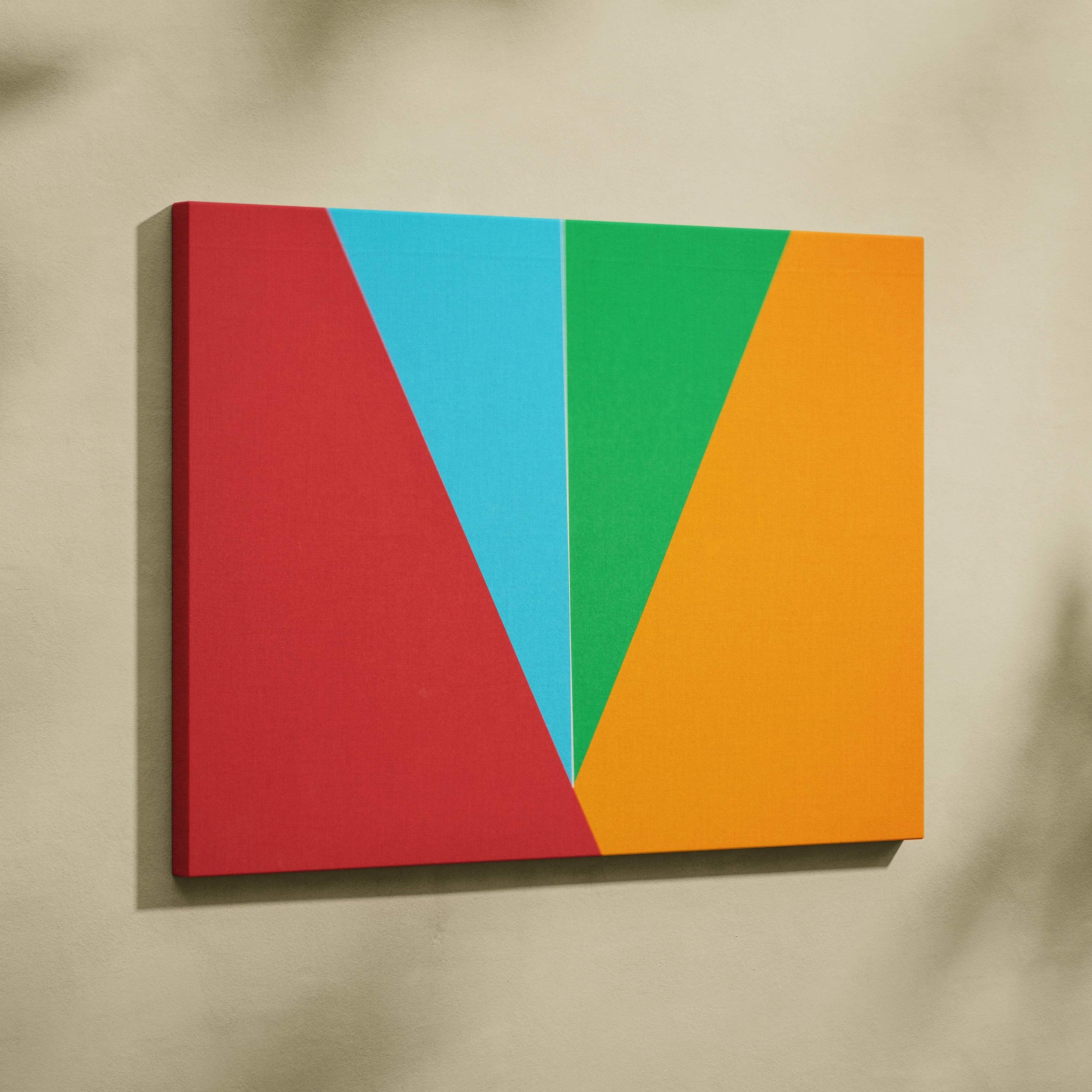 Vibrant bold geometric abstract canvas wall art with overlapping red cyan green orange shapes