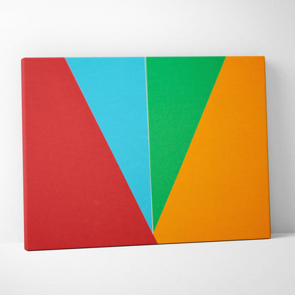 Vibrant geometric abstract canvas wall art with bold overlapping red cyan green orange shapes