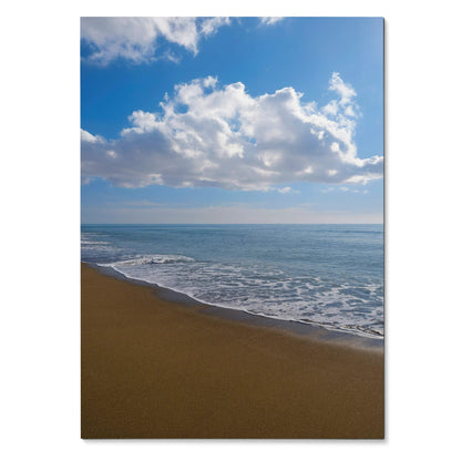 Vertical beach poster with ocean waves and bright blue sky wall art.