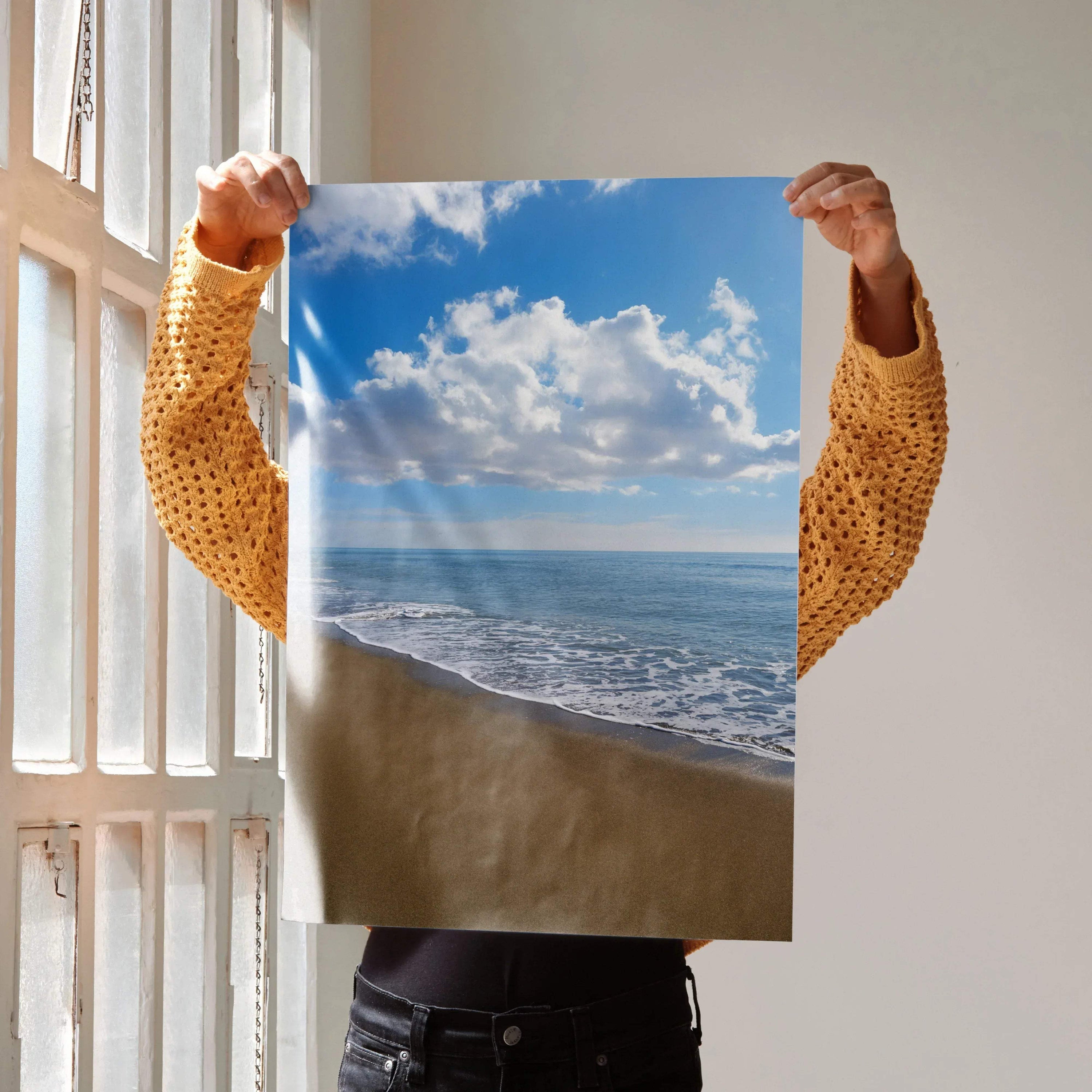 Vibrant beach ocean waves poster with blue sky and white clouds vertical wall art.