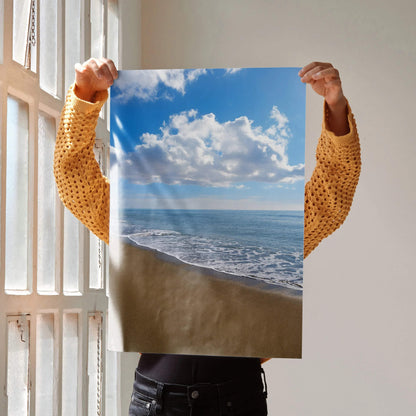 Vibrant beach ocean waves poster with blue sky and white clouds vertical wall art.
