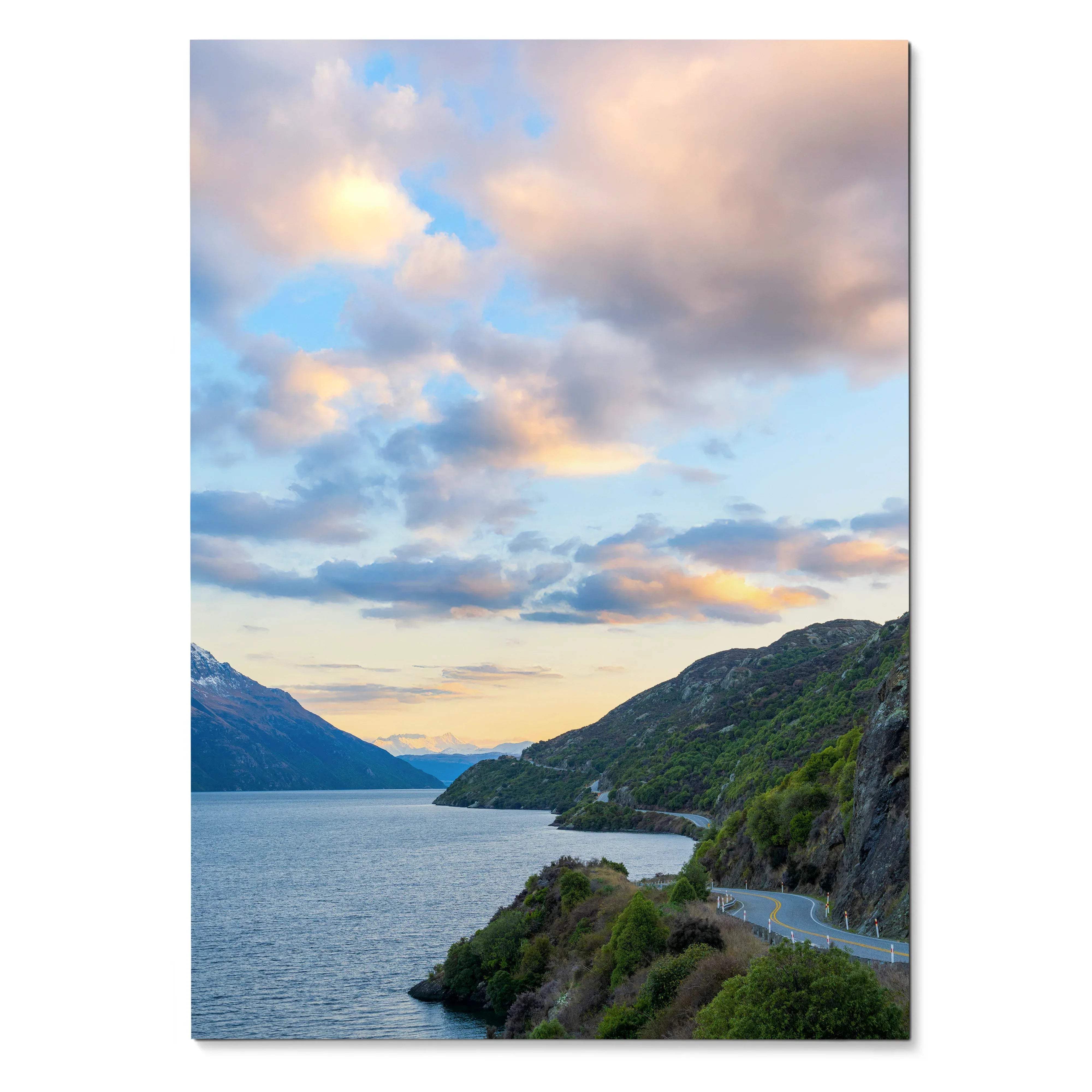 Vertical wall art poster of vibrant mountain landscape at sunset with cloudy sky and water.
