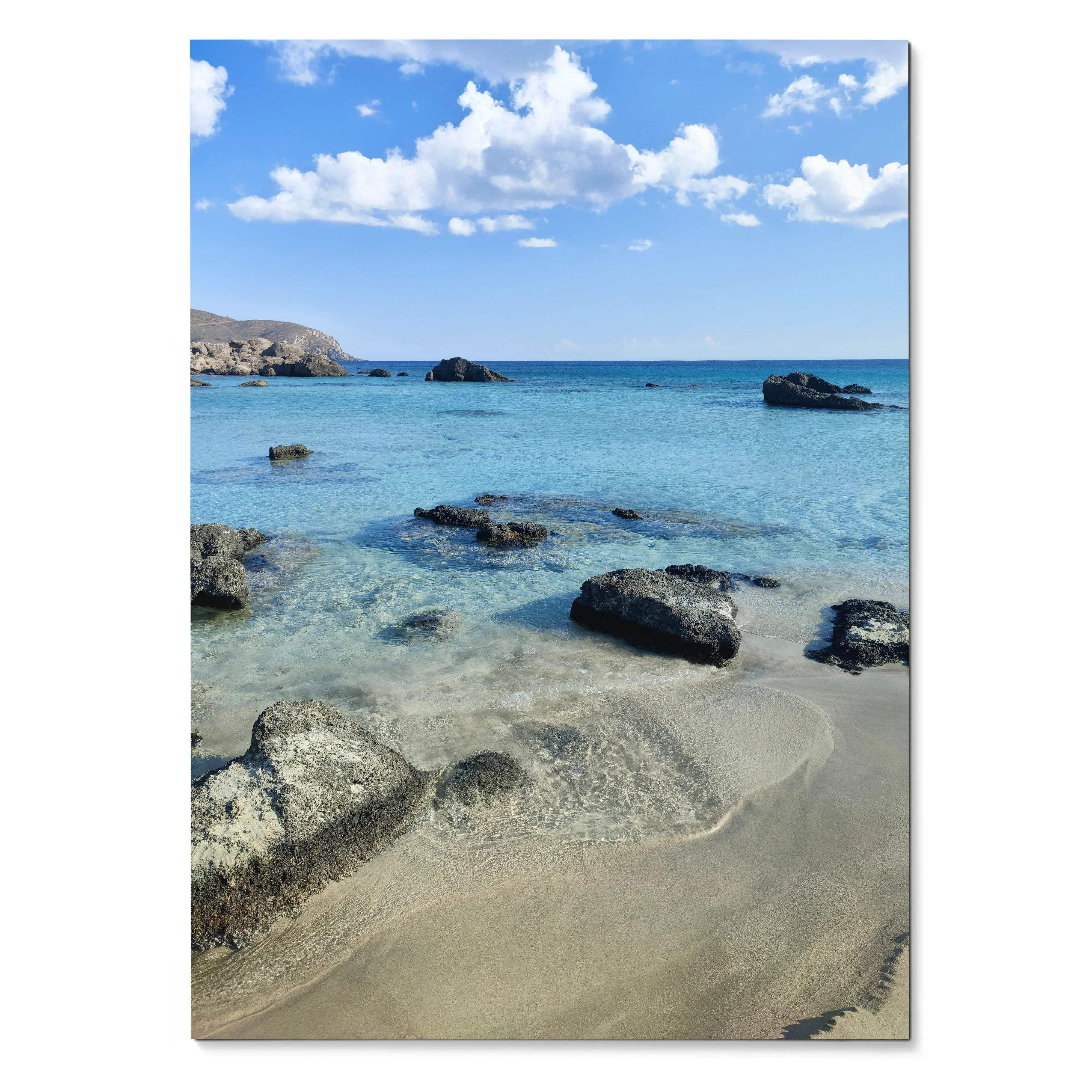 Vertical beach landscape poster featuring clear blue water, sandy shore, and scattered rocks, wall art with vibrant sky and.