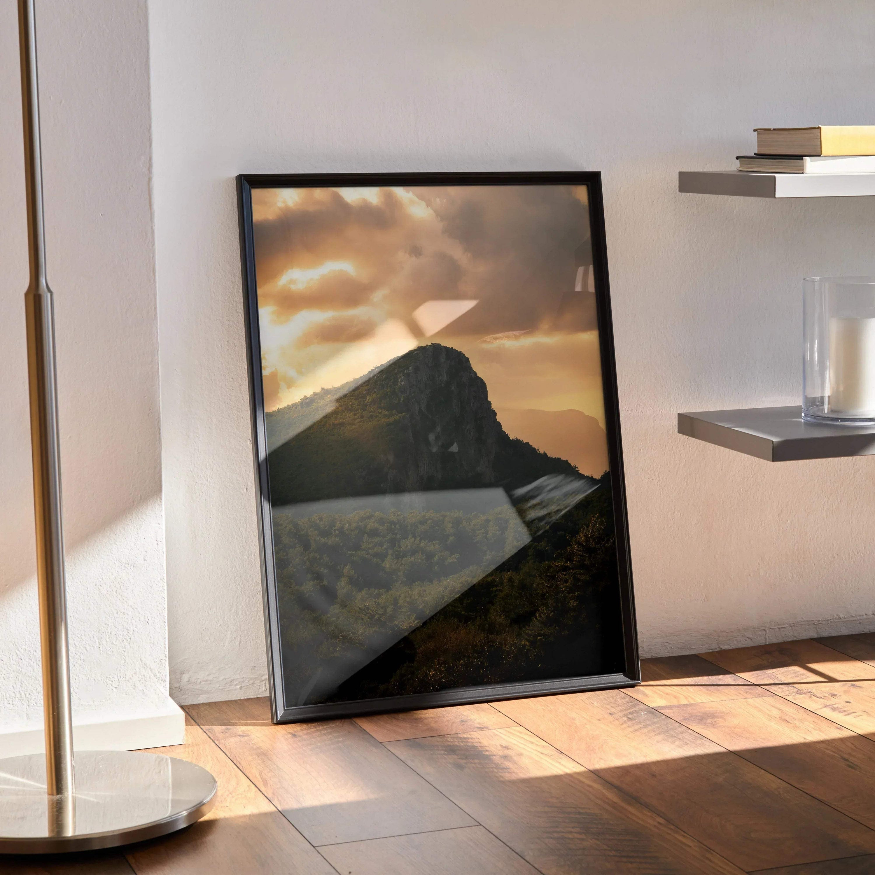 Vertical wall art poster featuring a majestic mountain silhouette against a golden sunset sky.