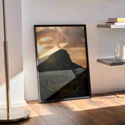 Vertical wall art poster featuring a majestic mountain silhouette against a golden sunset sky.