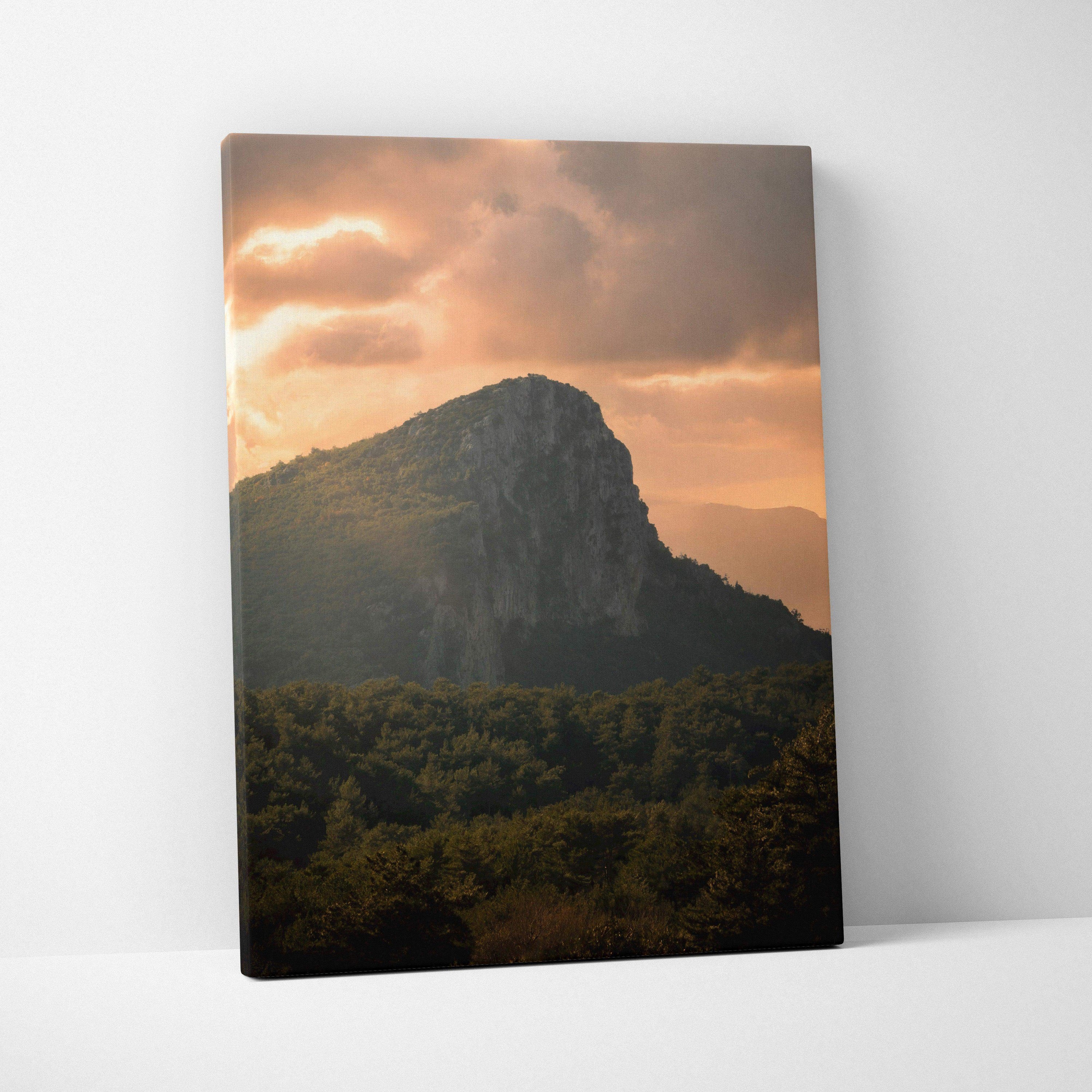 Mountain landscape with glowing sunset sky on canvas wall art panel.