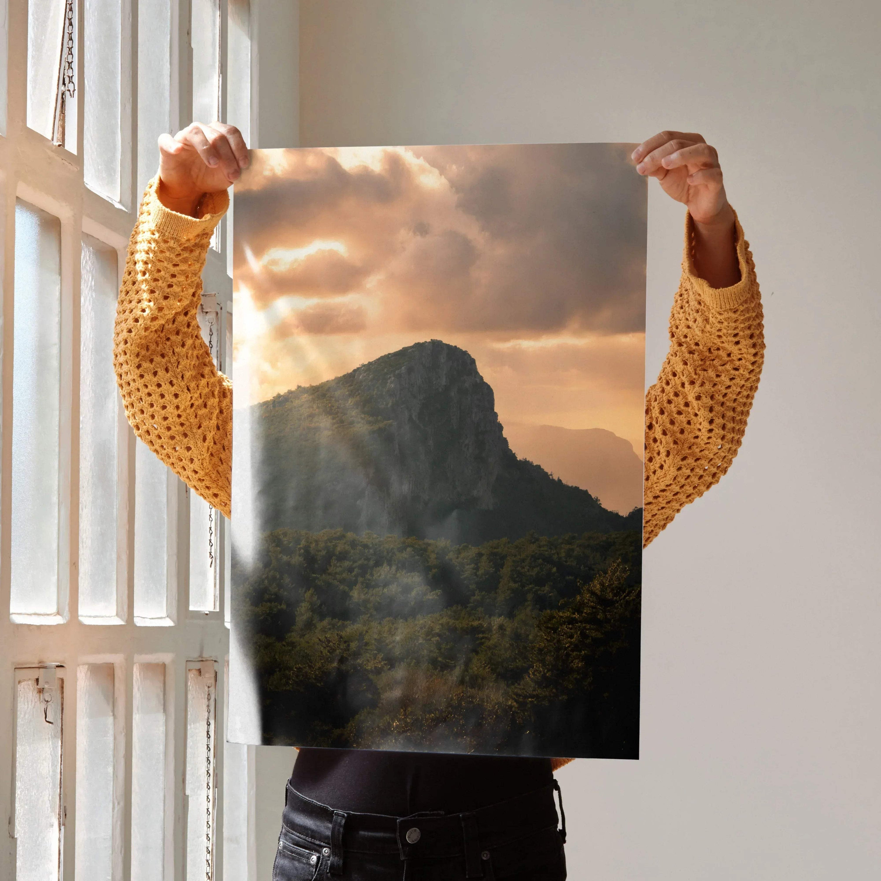 Vertical poster wall art featuring a majestic mountain silhouette against a dramatic sunset sky with golden clouds.