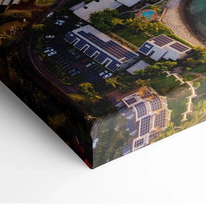 Close-up of vibrant sunset beach city skyline canvas wall art corner with textured canvas and vivid colors.