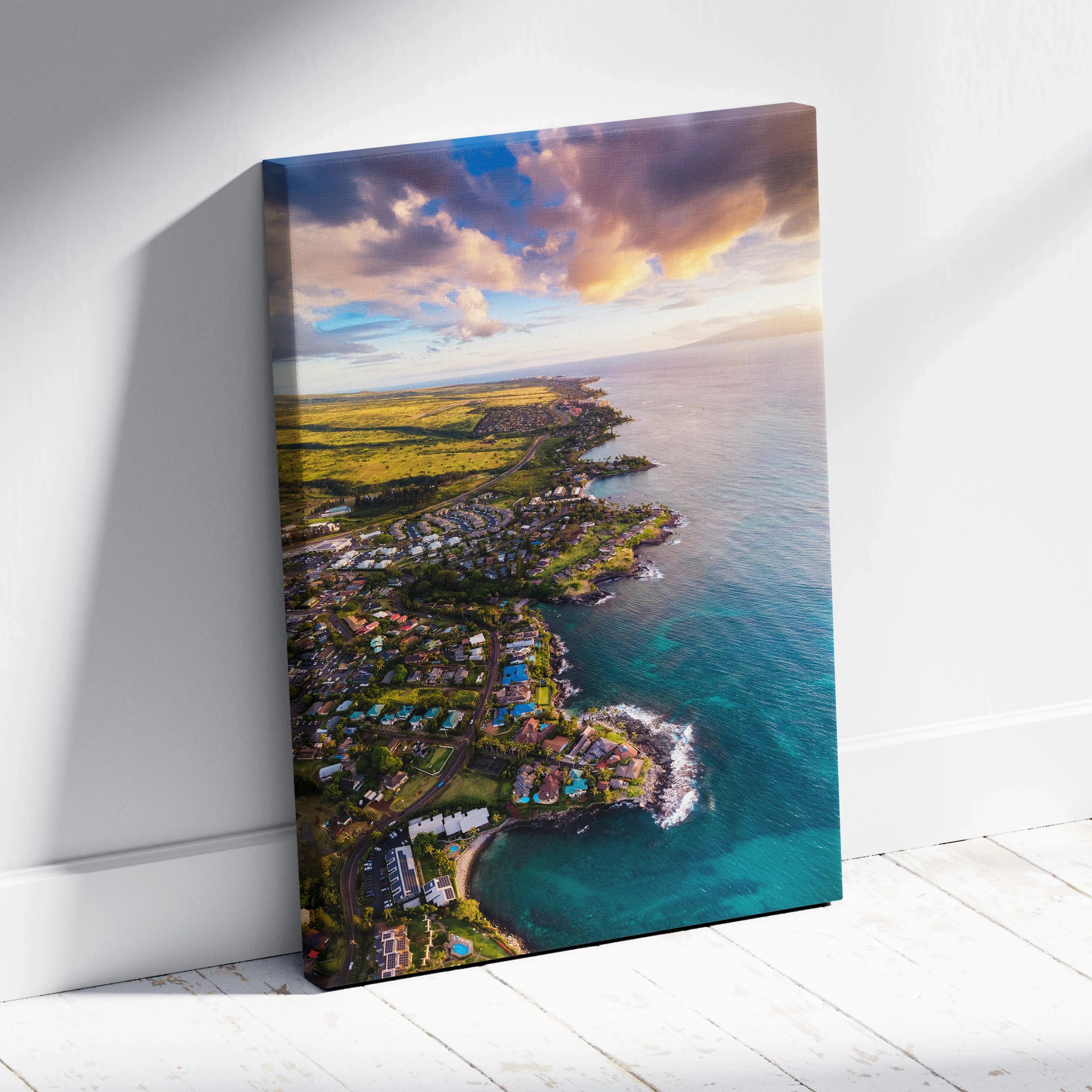 Vibrant sunset beach city skyline canvas wall art with colorful clouds and ocean view.