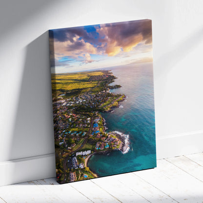 Vibrant sunset beach city skyline canvas wall art with colorful clouds and ocean view.