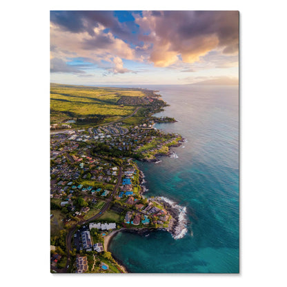Vertical beach wall art poster featuring a serene ocean sunset with coastal landscape and vibrant sky colors.