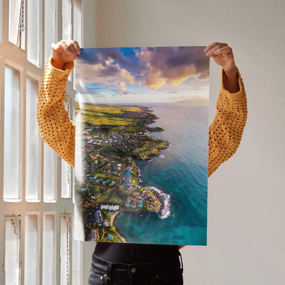 Vertical ocean sunset beach poster wall art with vibrant sky and coastal landscape.