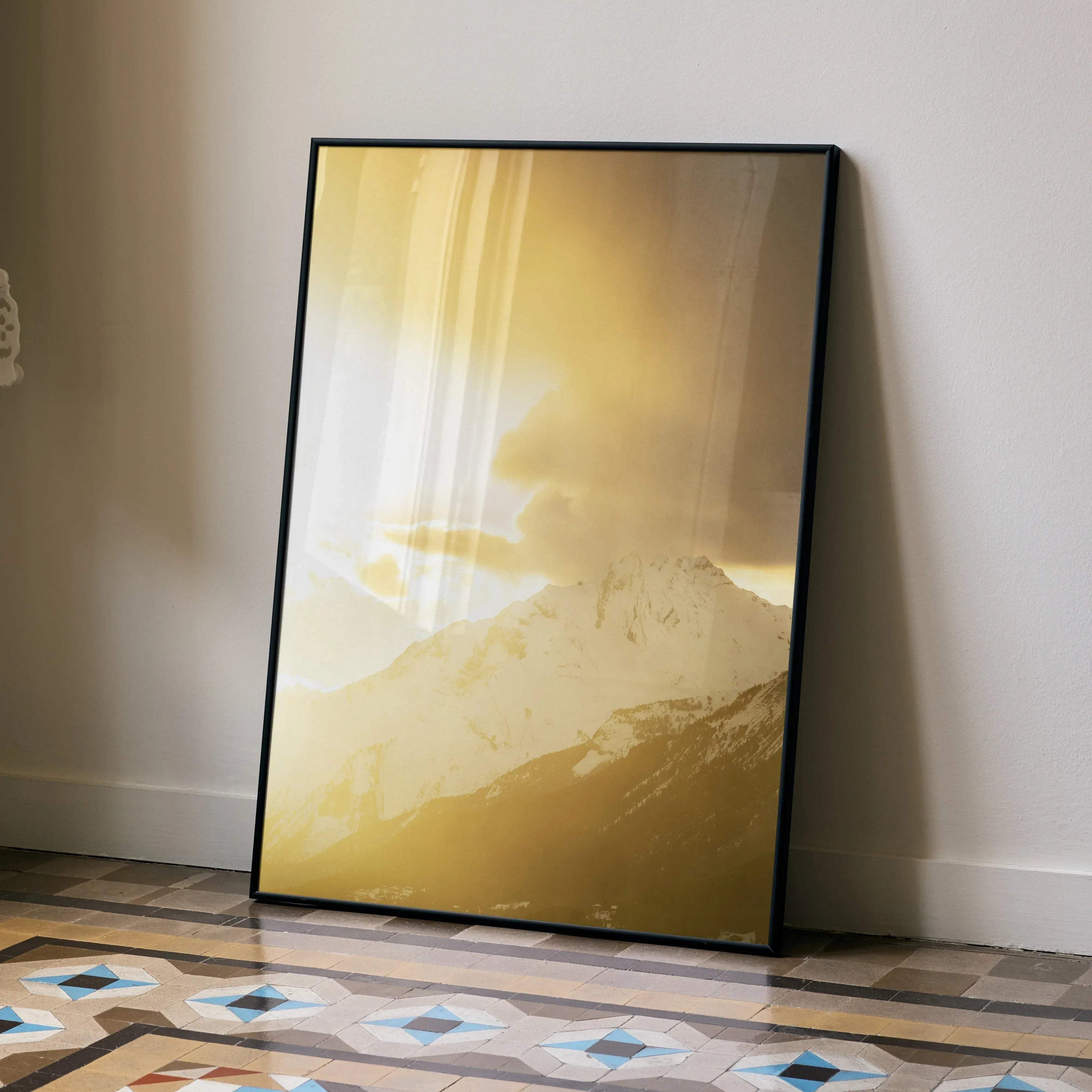 Majestic mountain sunset poster with warm golden tones in vertical wall art design.