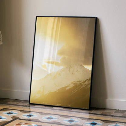 Majestic mountain sunset poster with warm golden tones in vertical wall art design.