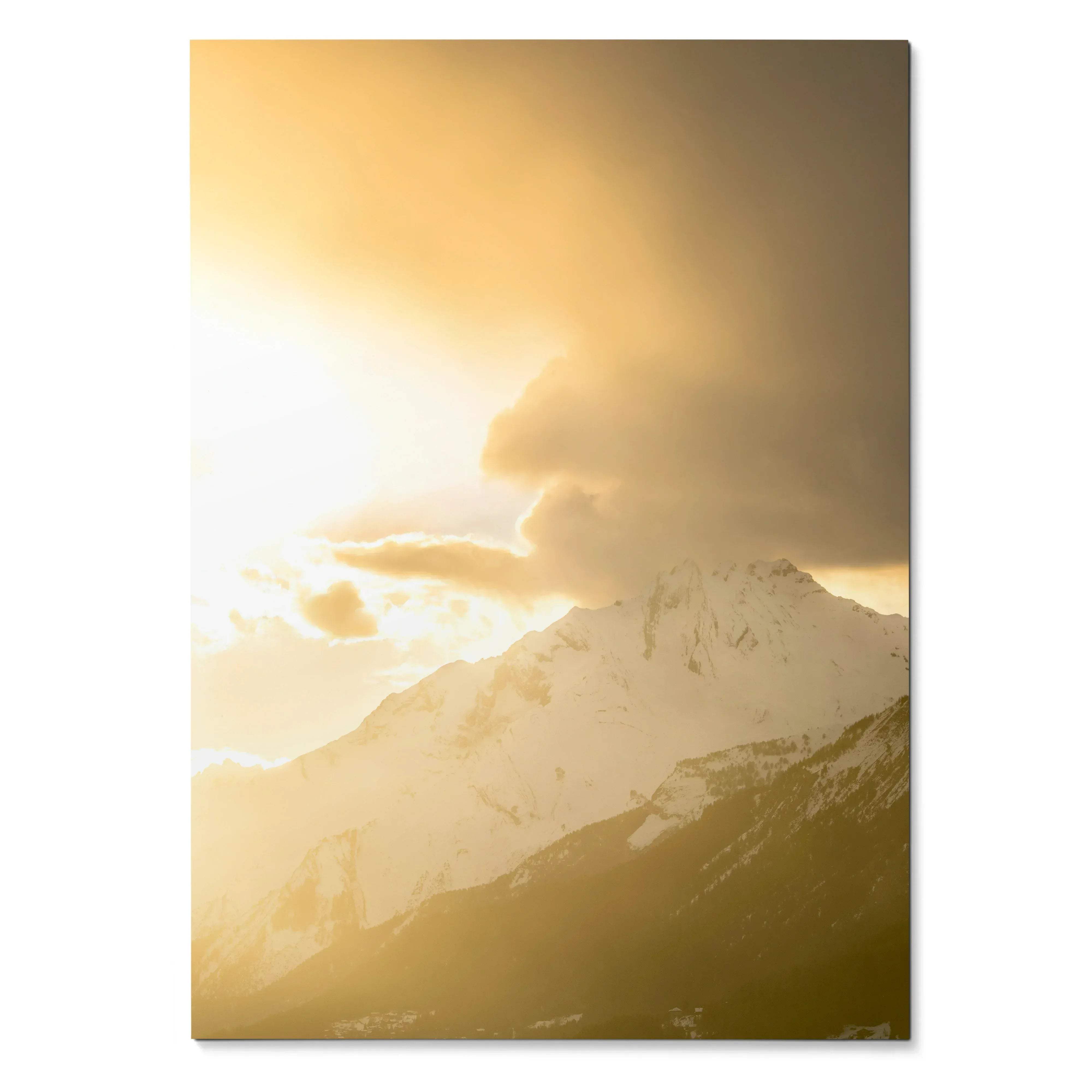 Vertical wall art poster of snowy mountain peaks under a golden sunset sky.