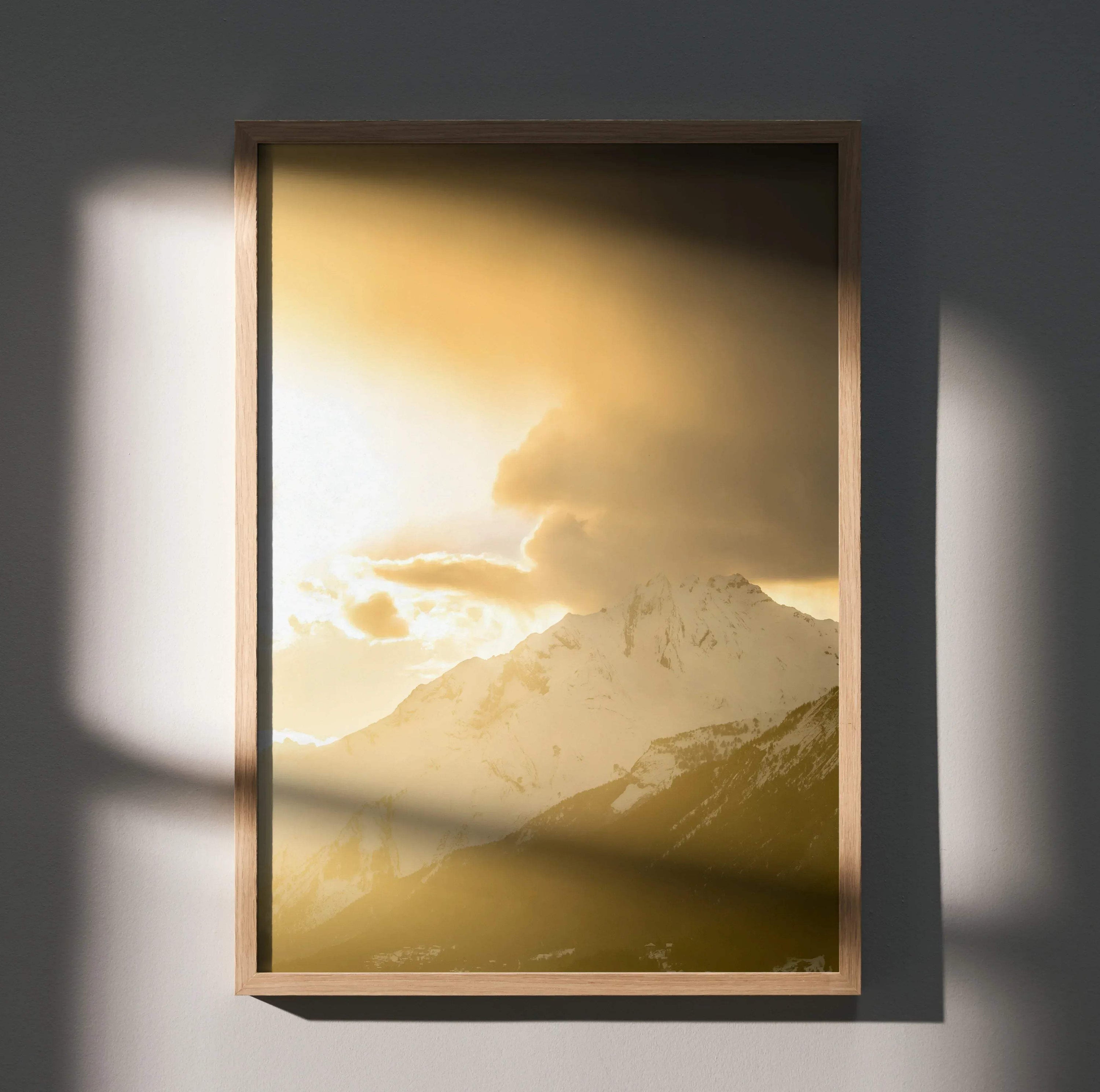 Vertical mountain sunset poster with golden light and mist, framed wall art.