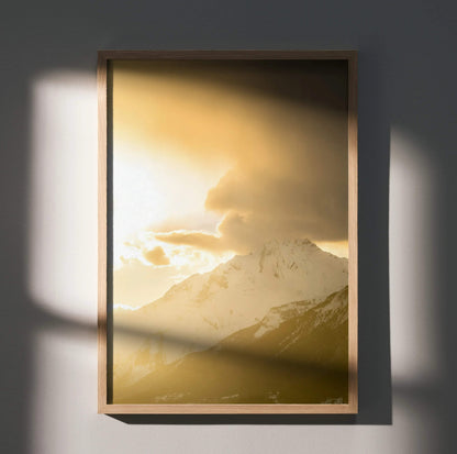 Vertical mountain sunset poster with golden light and mist, framed wall art.