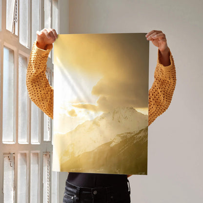 Majestic mountain sunset poster with golden light and soft clouds wall art design.