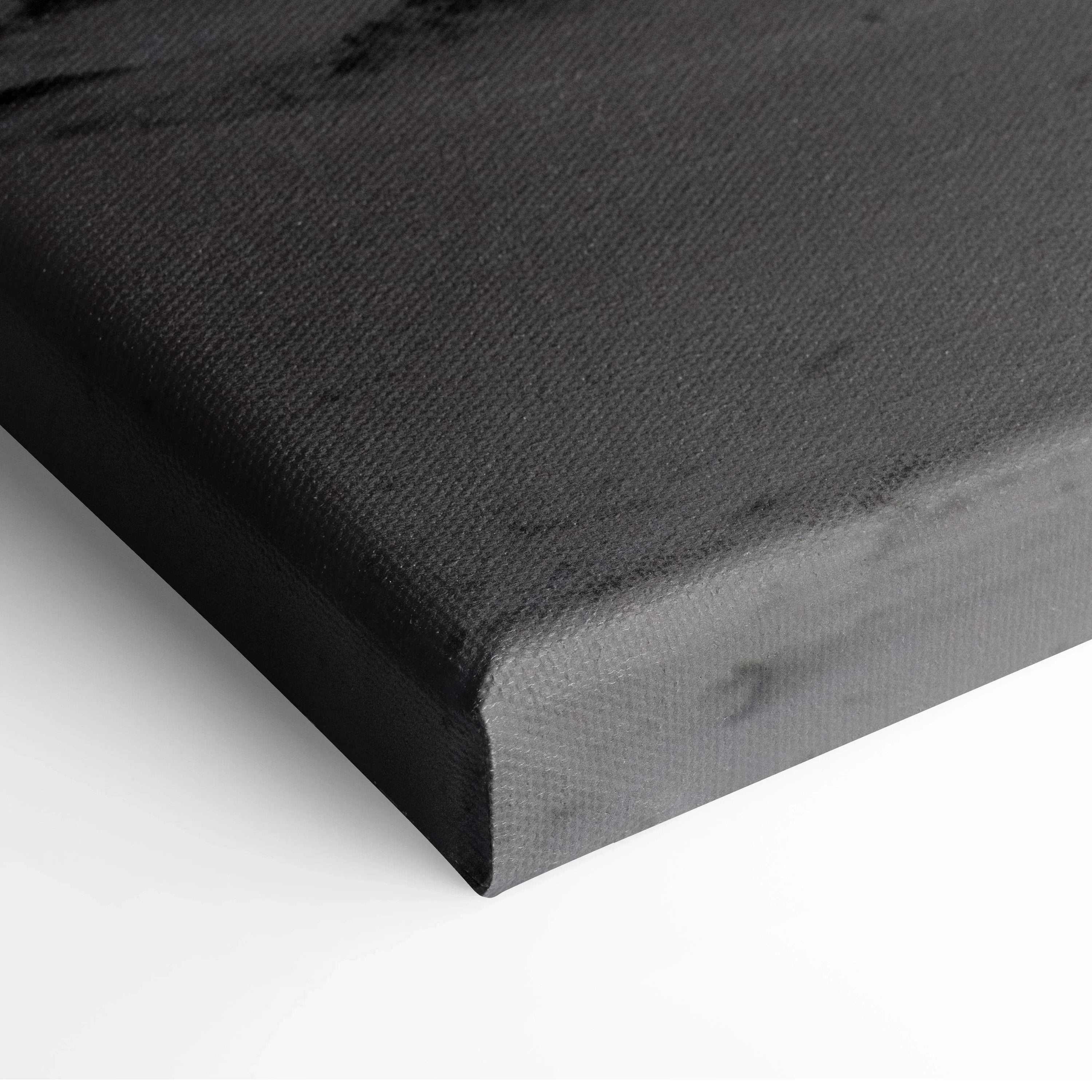 Black edge close-up of canvas wall art with textured surface and wrapped corners.