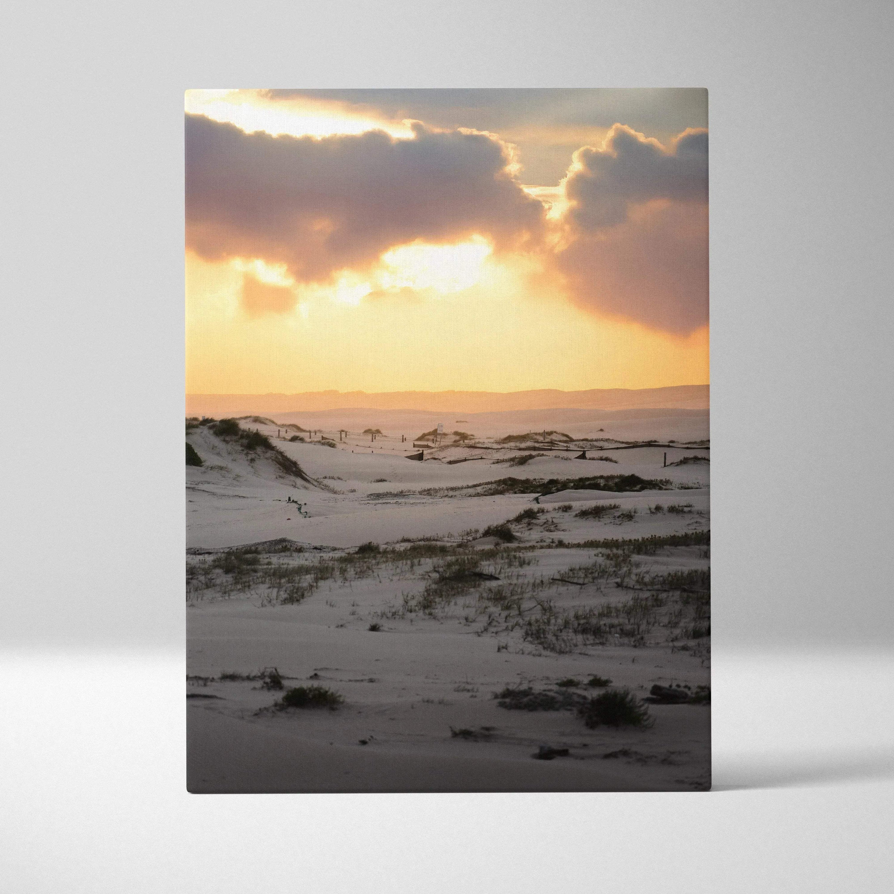 Snowy dunes at sunset with golden sky on vertical canvas wall art.