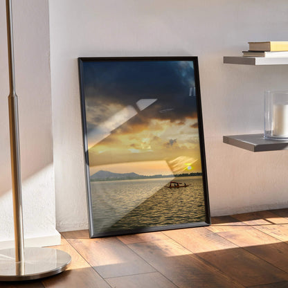 Serene ocean sunset poster with golden sky and calm water in black frame wall art.