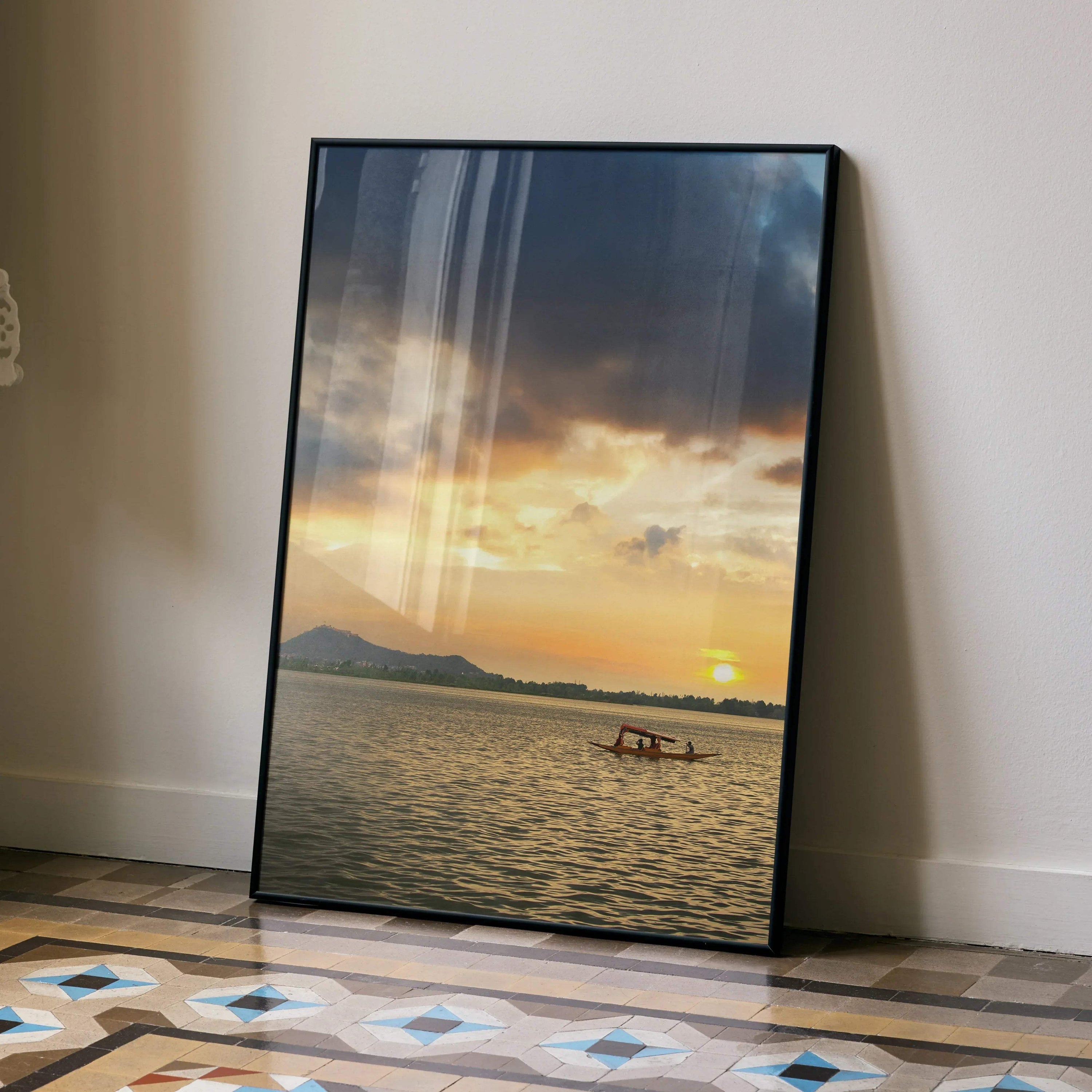 Serene ocean sunset poster with sailboat silhouette and warm sky colors vertical wall art.