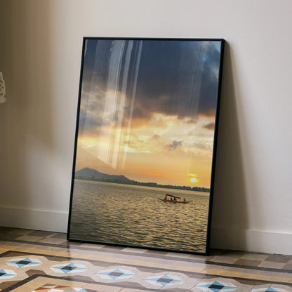 Serene ocean sunset poster with sailboat silhouette and warm sky colors vertical wall art.