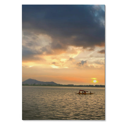Serene ocean sunset with small boat on water, warm golden sky, vertical wall art poster.