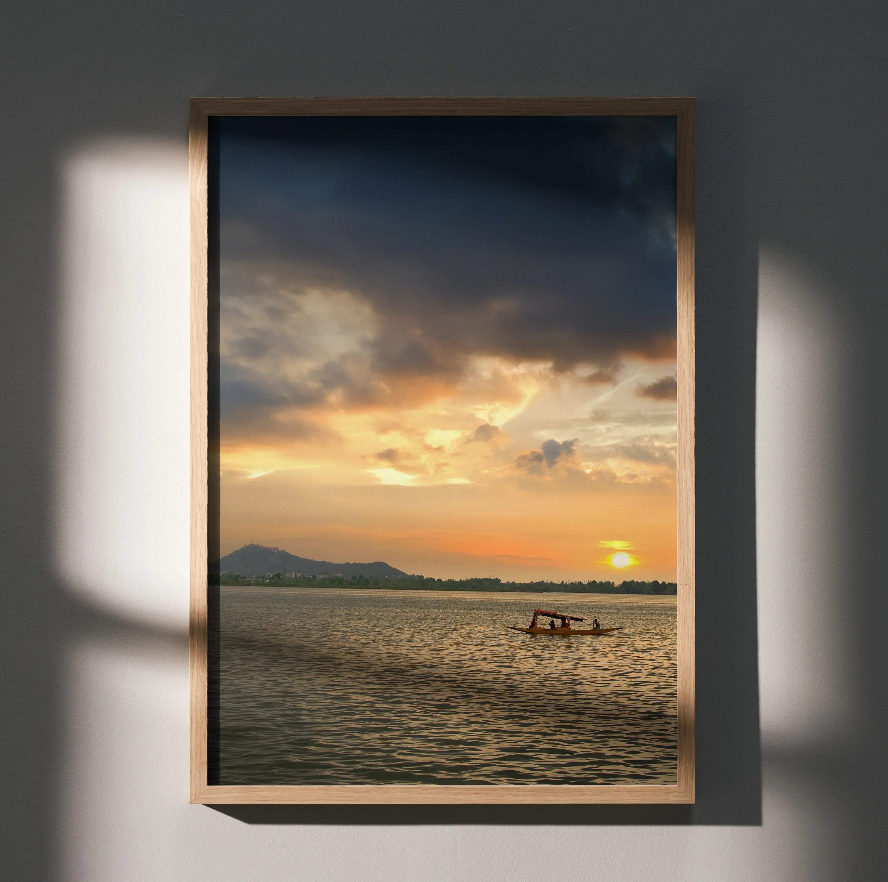 Vertical poster wall art featuring a serene ocean sunset with soft clouds and warm golden hues.