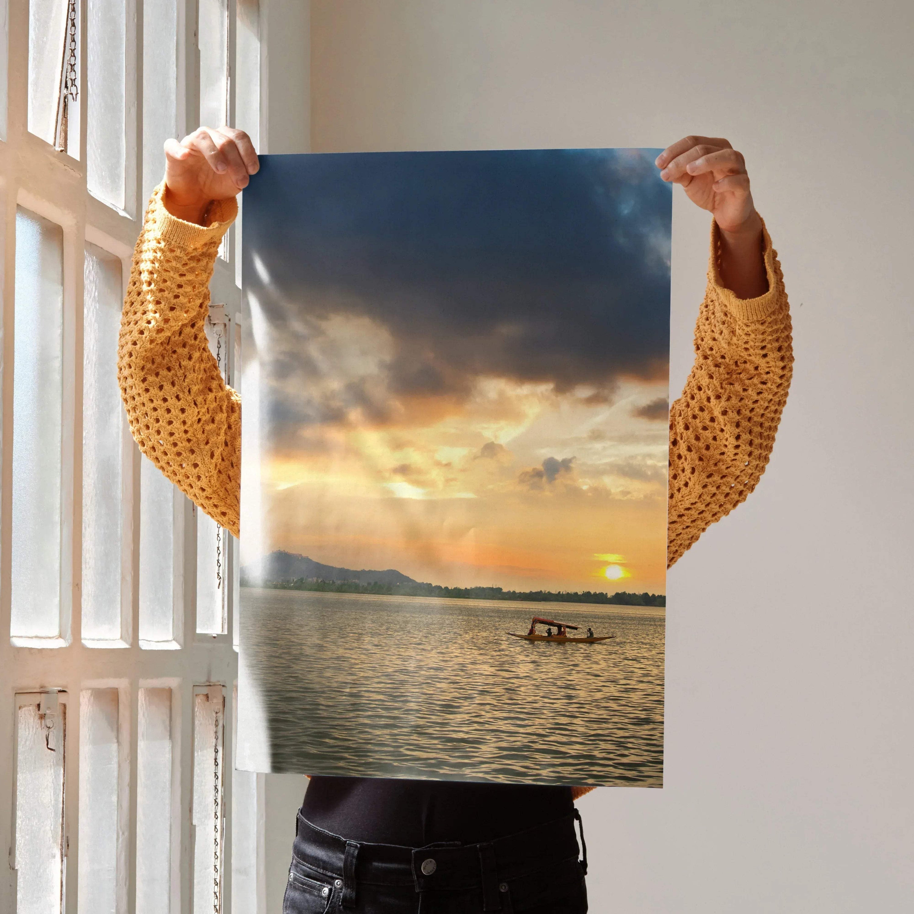 Serene ocean sunset poster with orange and blue sky above calm water, vertical wall art print.