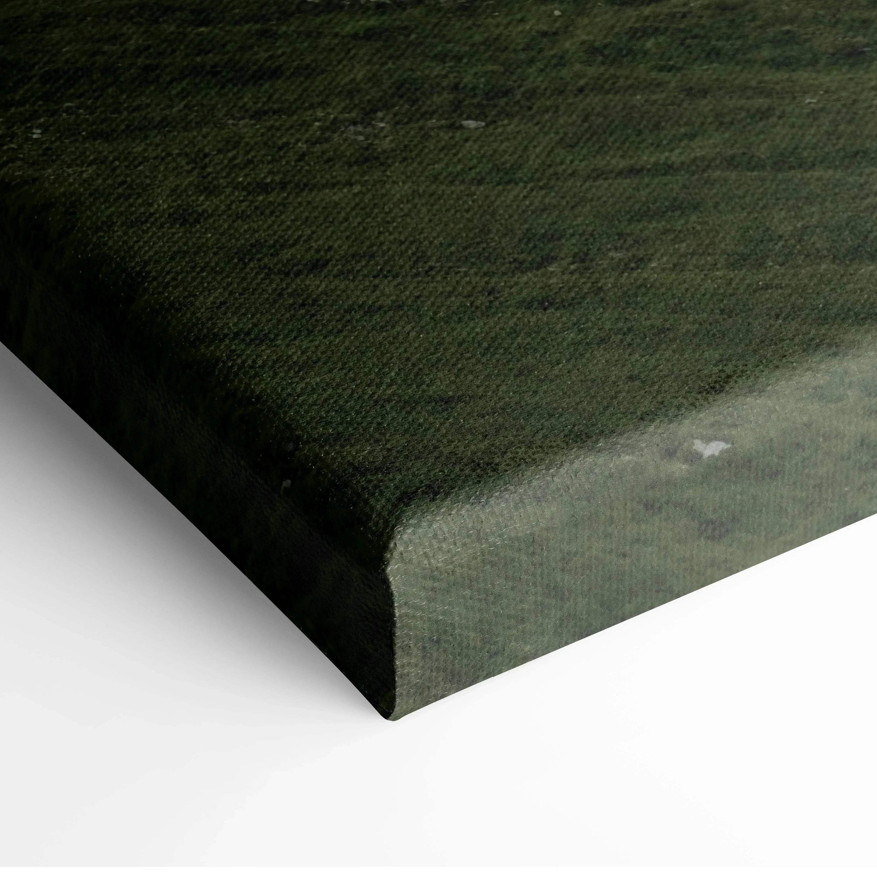 Dark green textured canvas corner close-up of wall art with nature-inspired tones.