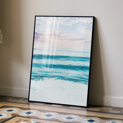 Ocean sunset poster with calming blue waves and soft pink sky, vertical wall art print.