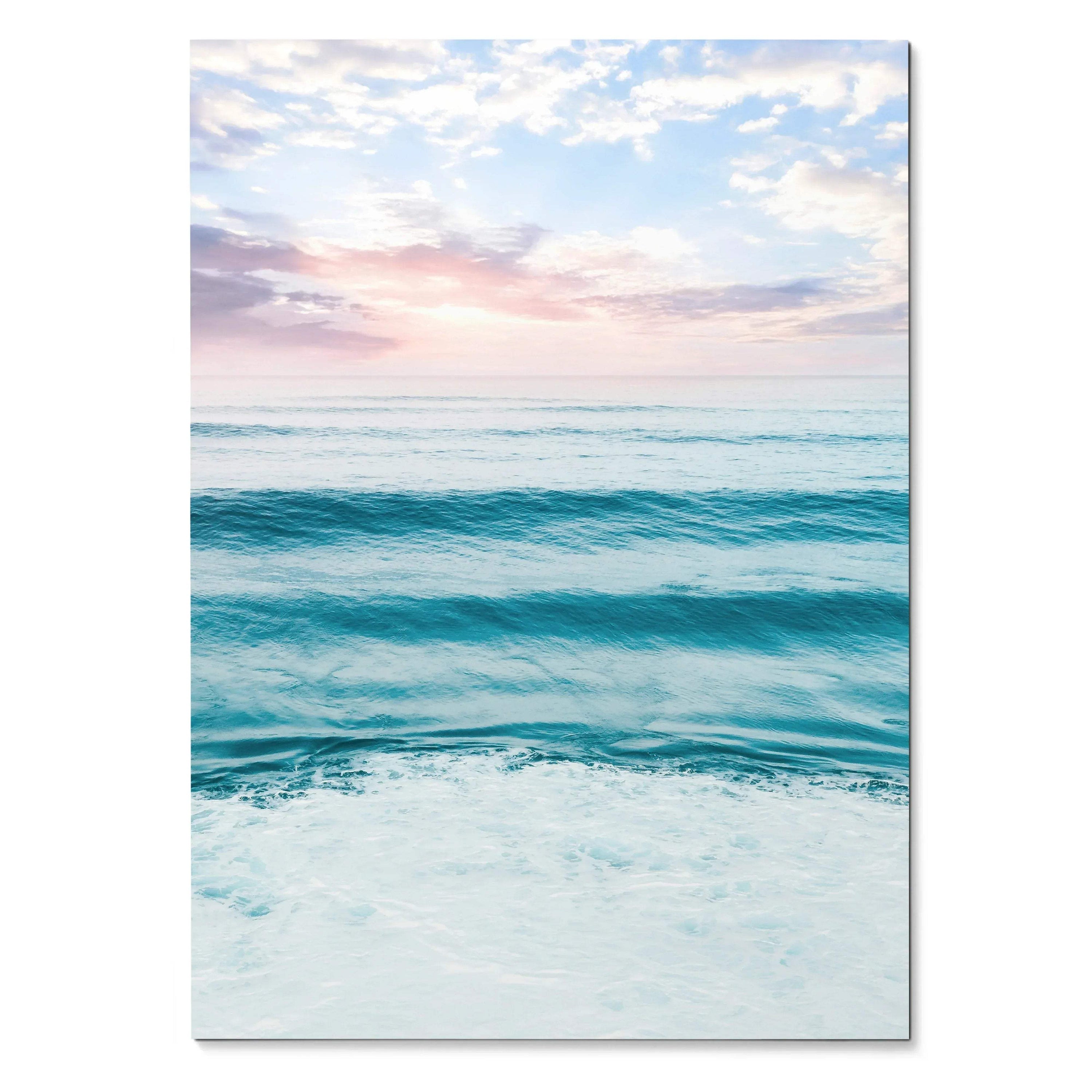 Ocean sunset poster with soft pastel sky and gentle waves, vertical wall art print.