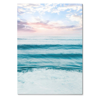 Ocean sunset poster with soft pastel sky and gentle waves, vertical wall art print.