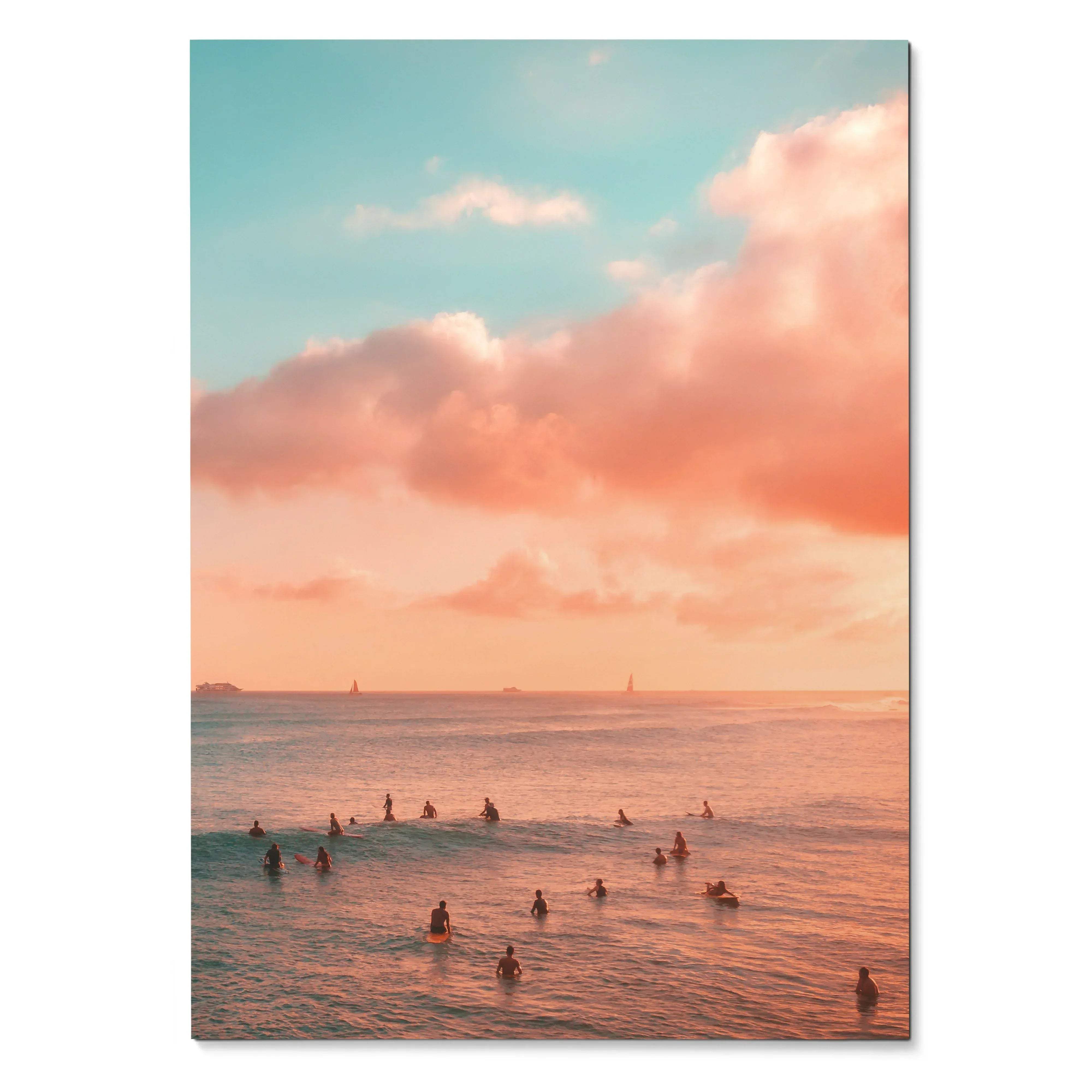 Vertical ocean sunset art poster with swimmers and pastel sky wall art.