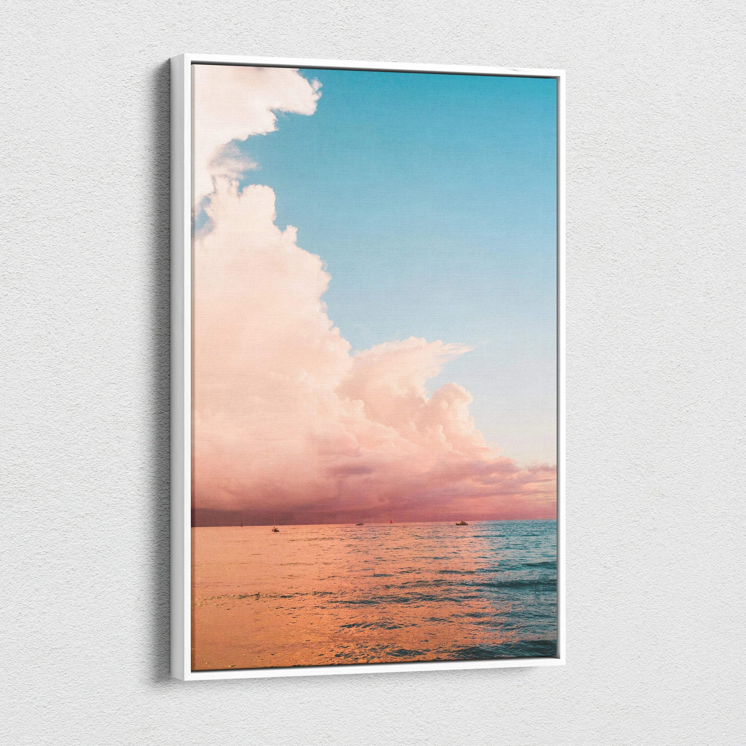 Ocean sunset over calm sea with vibrant coral and blue hues canvas wall art.