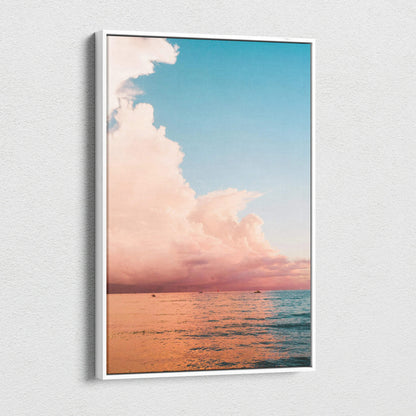 Ocean sunset over calm sea with vibrant coral and blue hues canvas wall art.