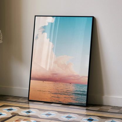 Ocean sunset poster featuring vibrant sky and calm ocean waves, vertical wall art print.