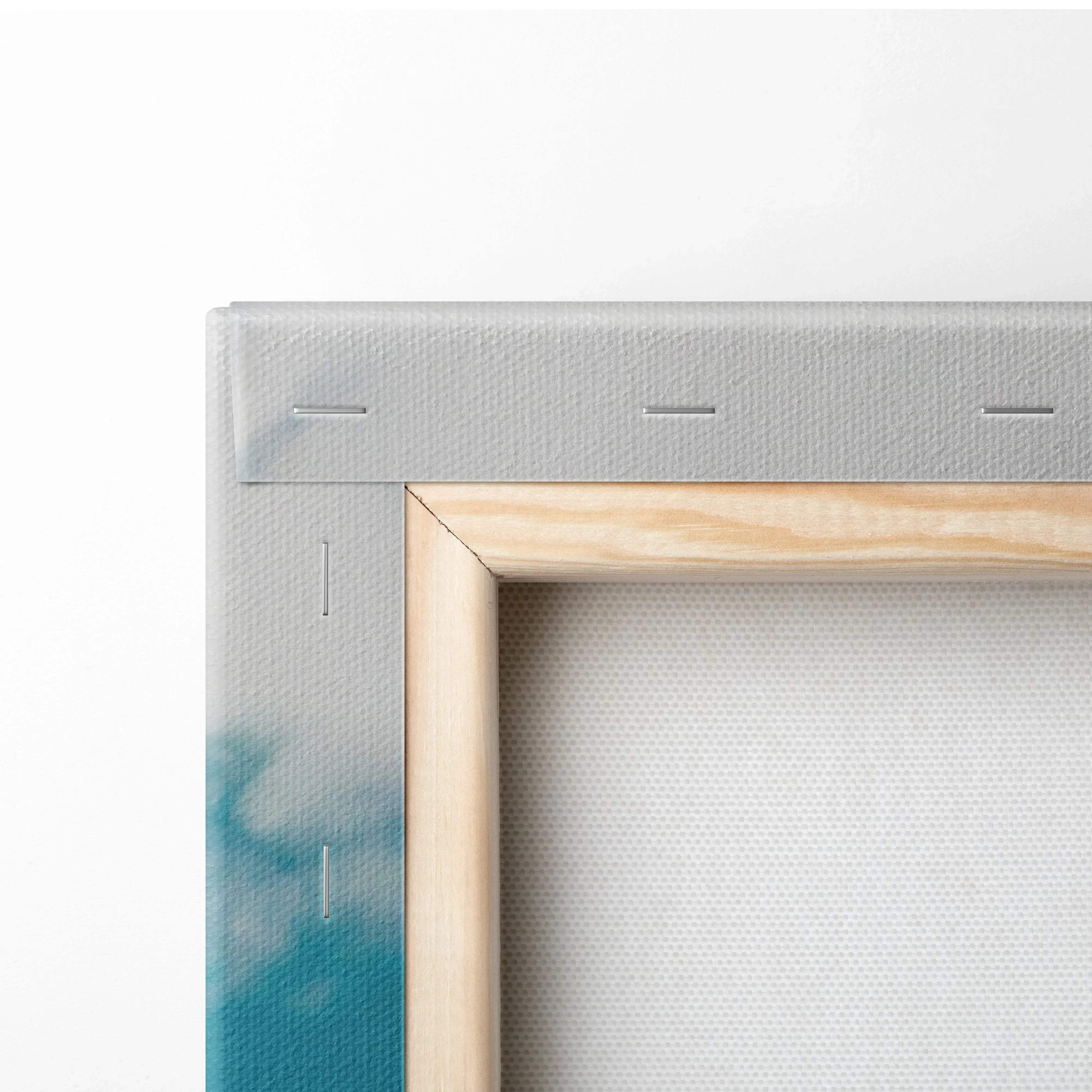 Calming ocean beach seascape canvas wall art with light wood frame gray textured backing and subtle blue gradient