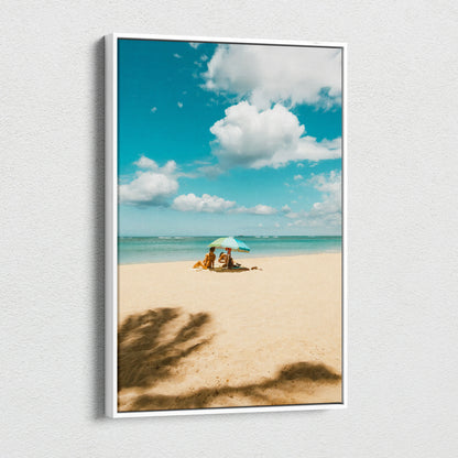 Canvas wall art featuring a tranquil beach scene with clear blue sky and soft sand shadows.