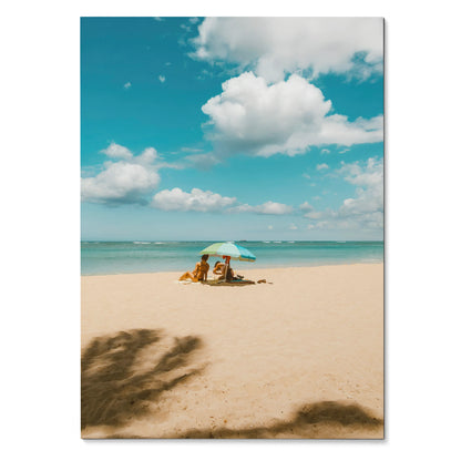 Vertical beach sunset poster with vibrant ocean, sandy shore, and turquoise umbrella wall art.