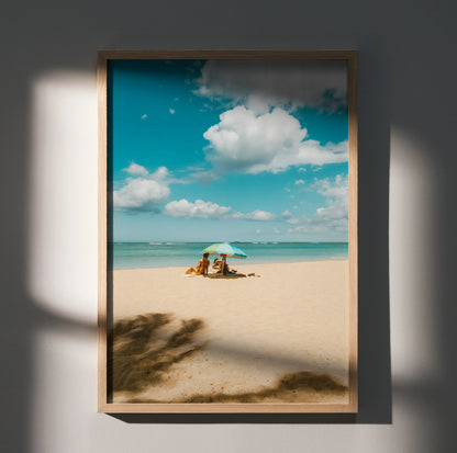 Serene beach sunset poster with calm ocean, soft sand, and vibrant sky wall art.