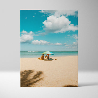 Vertical canvas wall art of a serene beach scene with turquoise ocean and sunny sky.